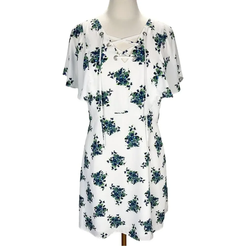 NWT KENSEI‎ | White Floral Flutter Sleeve Lace Up Front Detail A-Line Dress
